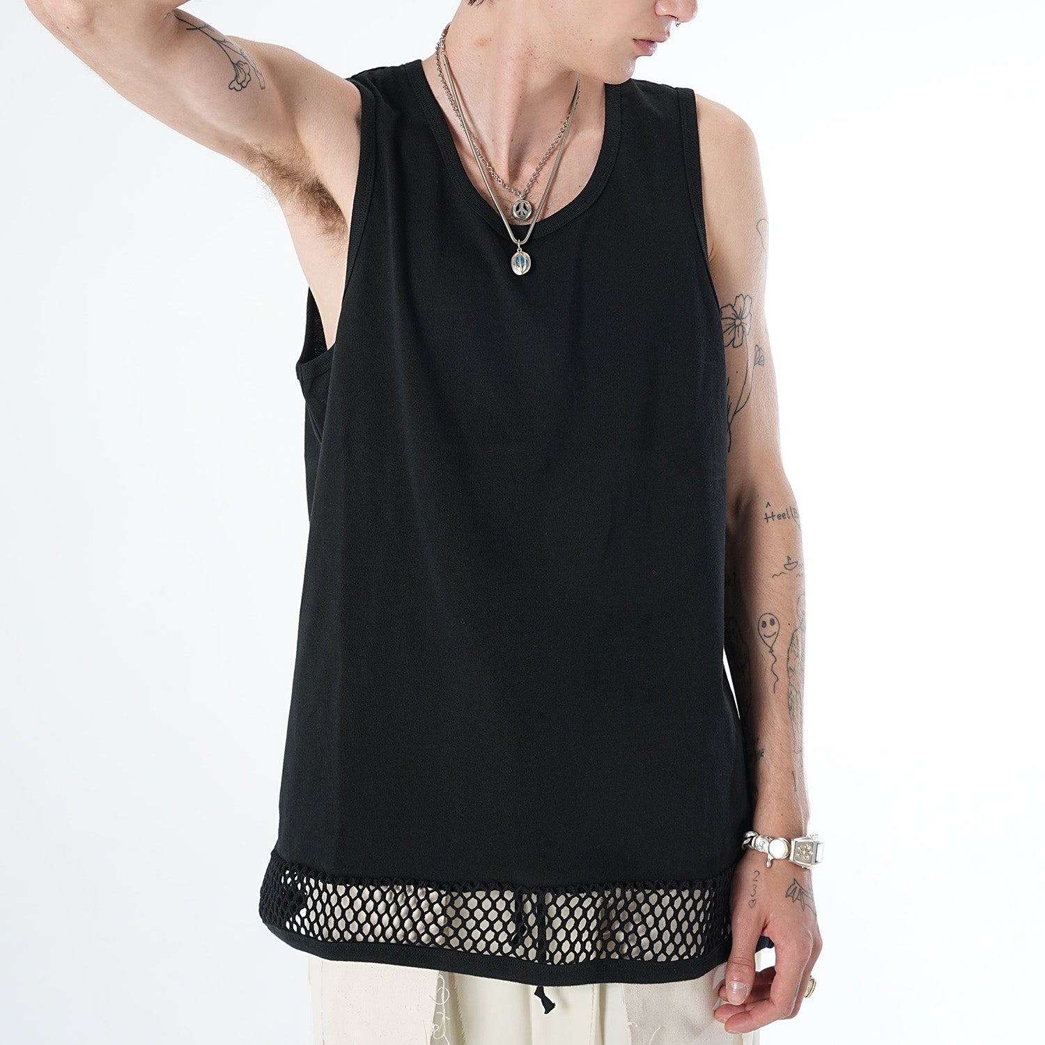 MUZE TURQUOISE LABEL - HEM MESH TANK TOP(BLACK) ミューズ タンク