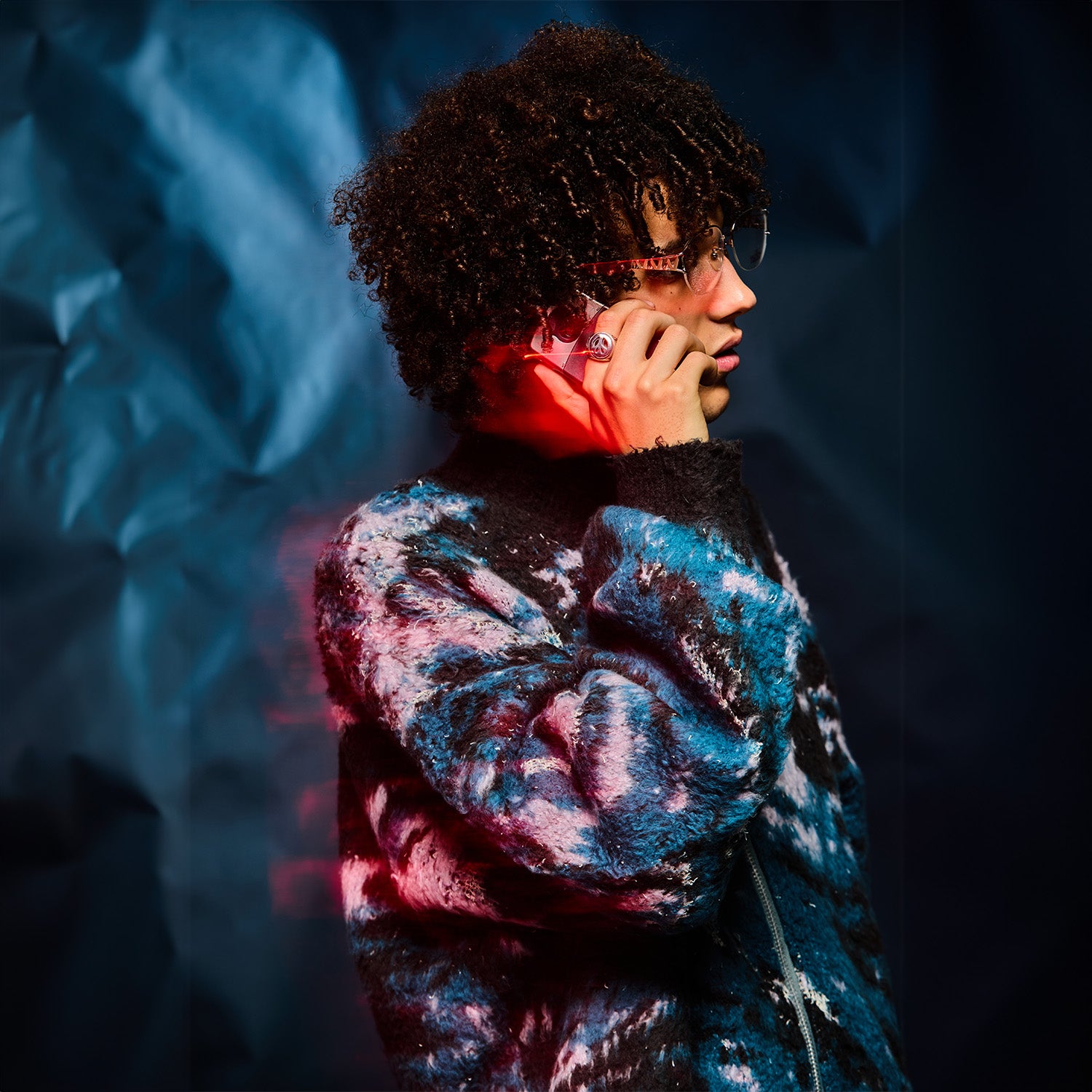 MUZE TURQUOISE LBEL ×FACCIES -【MARBLE PT SHAGGY DRIVERS KNIT(BLUE