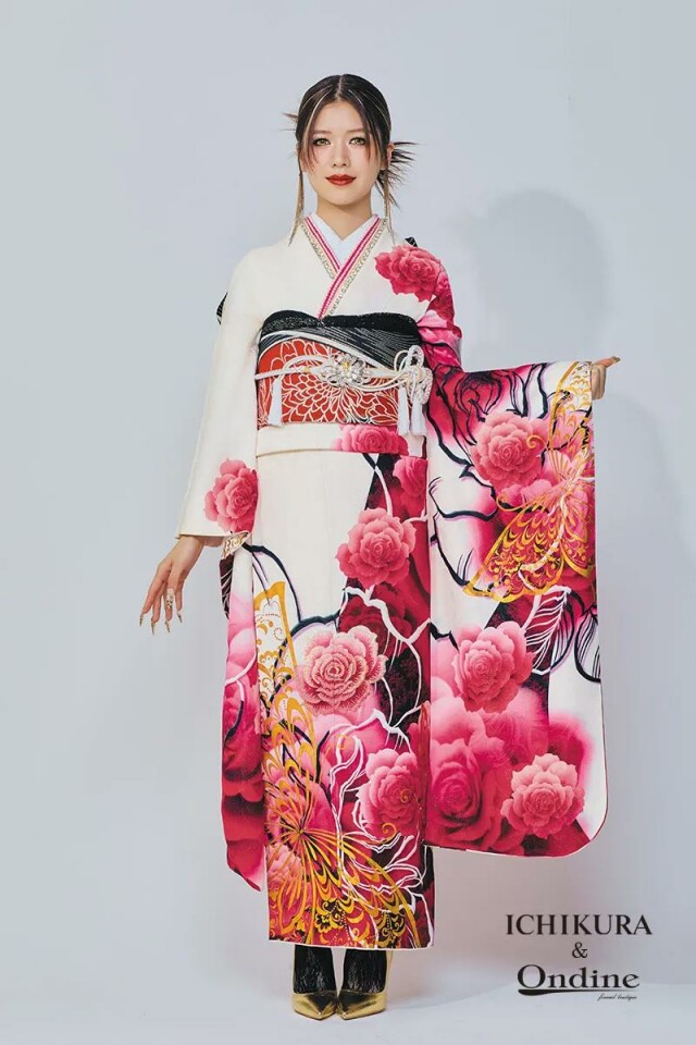 振袖専門店 一蔵の振袖 /ピンク色/白色/キュート/バラ柄/ E-809 | My振袖