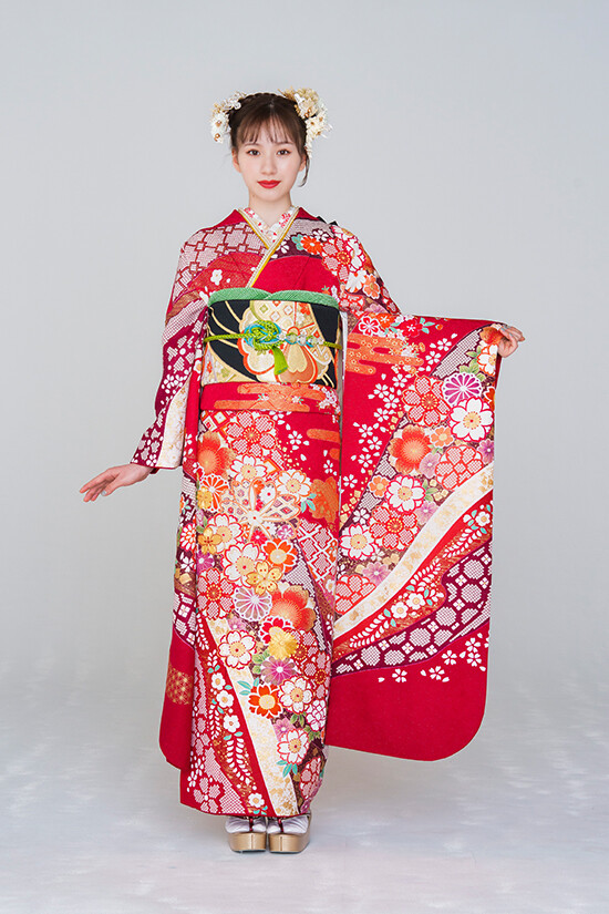 京都きもの友禅の振袖 /赤色/古典/花柄/ No.313 正絹 手絞り刺繡 | My振袖