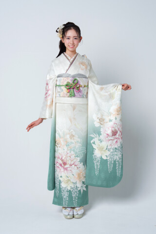 京都きもの友禅の振袖 /白色/ゴールド色/古典/花柄/ No.315 正絹 金彩