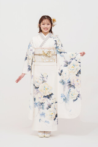 京都きもの友禅の振袖 /白色/ゴールド色/古典/花柄/ No.315 正絹 金彩