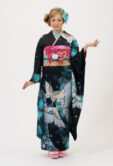 佐藤貸衣裳店の振袖 /黒色/シルバー色/クール/蝶柄/ A G pops ブラック