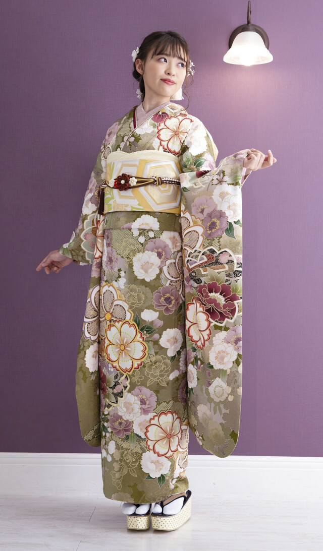 セゾンふりそで館の振袖 /緑色/ピンク色/古典/桜柄/ 03716 うぐいす