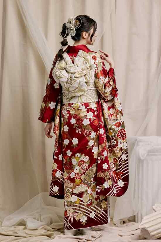 夢楽染かずの明石店の振袖 /赤色/ゴールド色/古典/松竹梅柄/ 【MK-1601