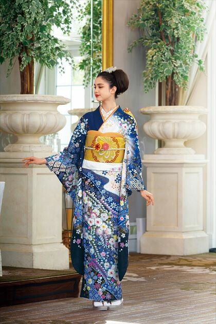 葛西屋呉服店の振袖 /青色/ピンク色/古典/花柄/ 【47 No.C-507】辻が花