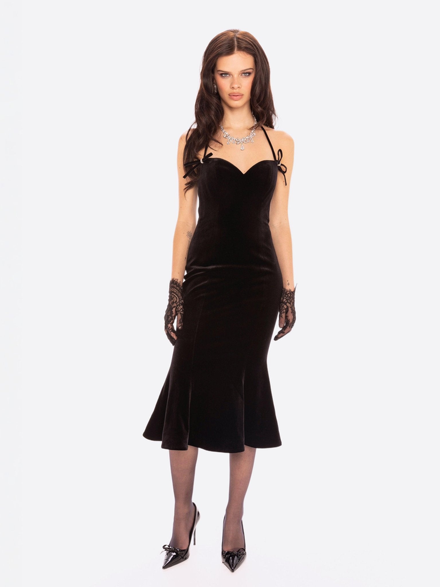 Althea Velvet Maxi Dress (Black) | Black Velvet Halter Formal Gown