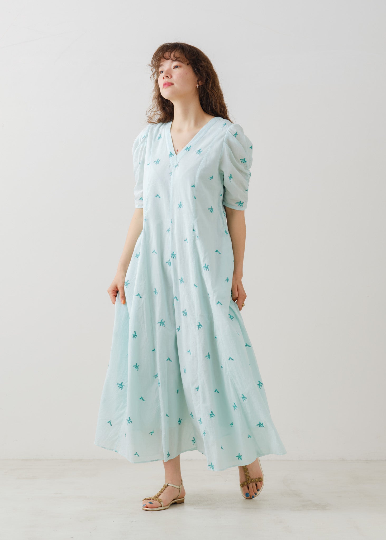Cotton Voile Dot Leaf Embroidery Gather Sleeve Dress | Pasand by