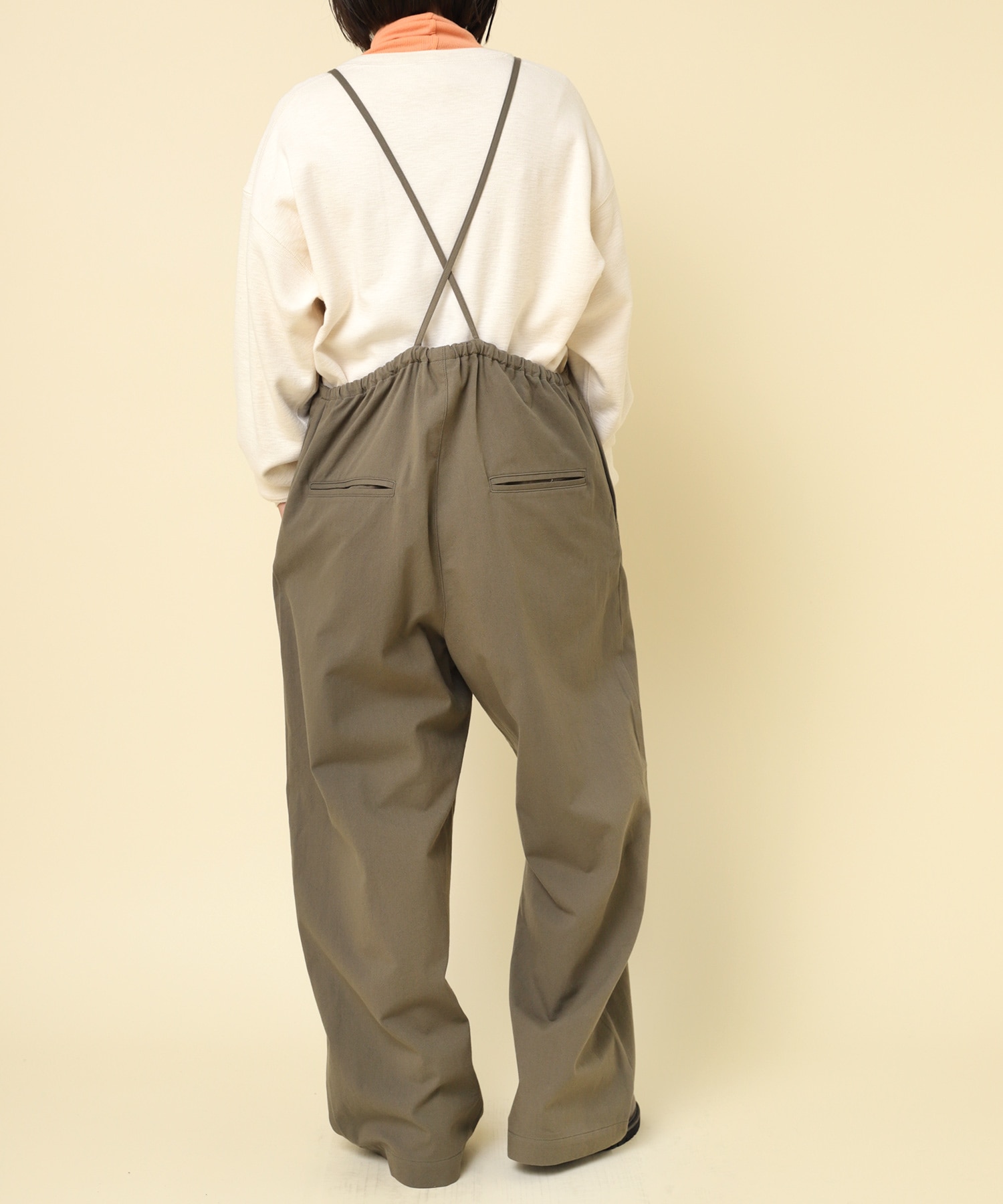 O0729 綿ウールツイルイージーサロペット(M オリーブ): オールインワン