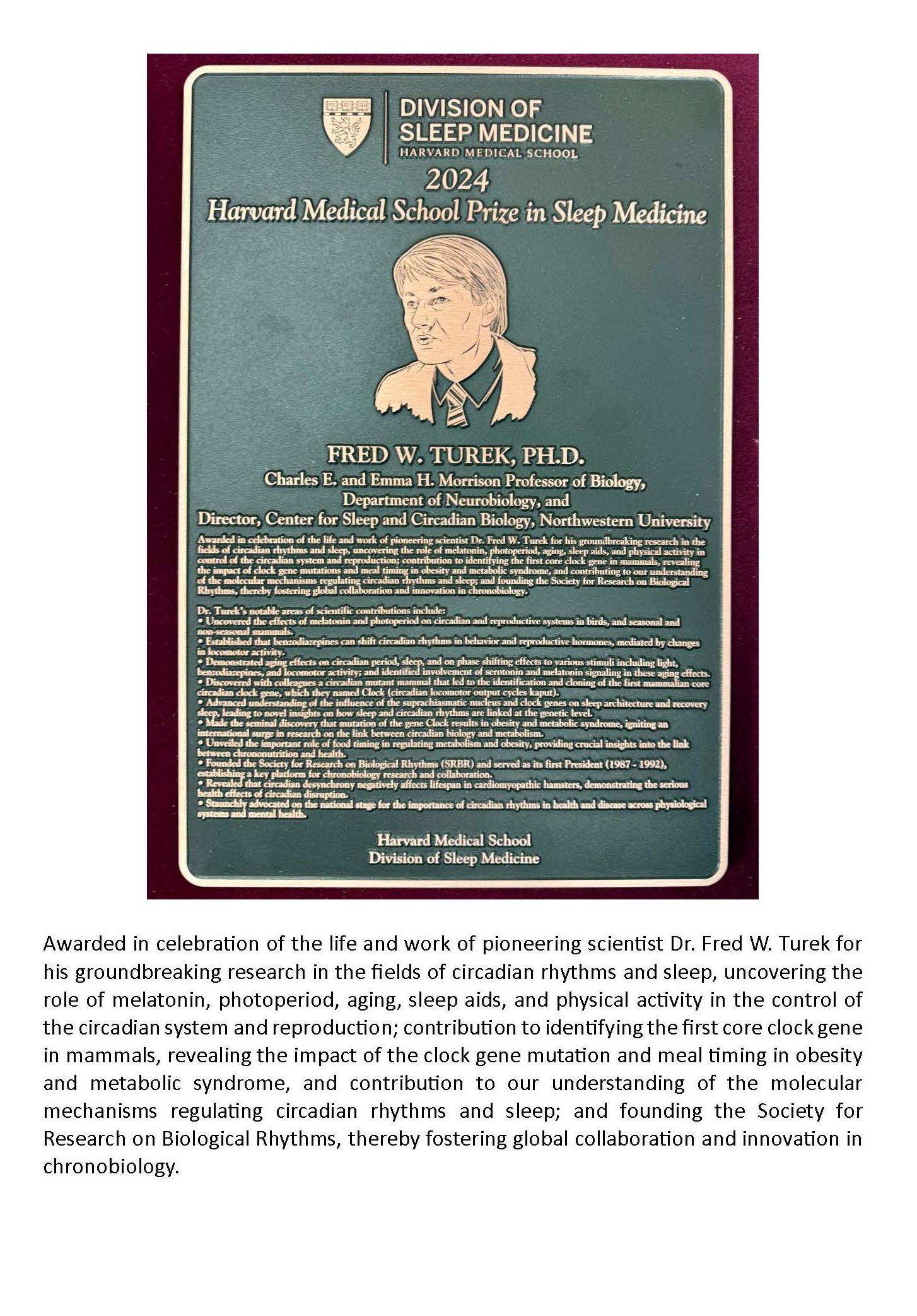 Fred Turek awarded the 2024 Harvard Medical School Division of