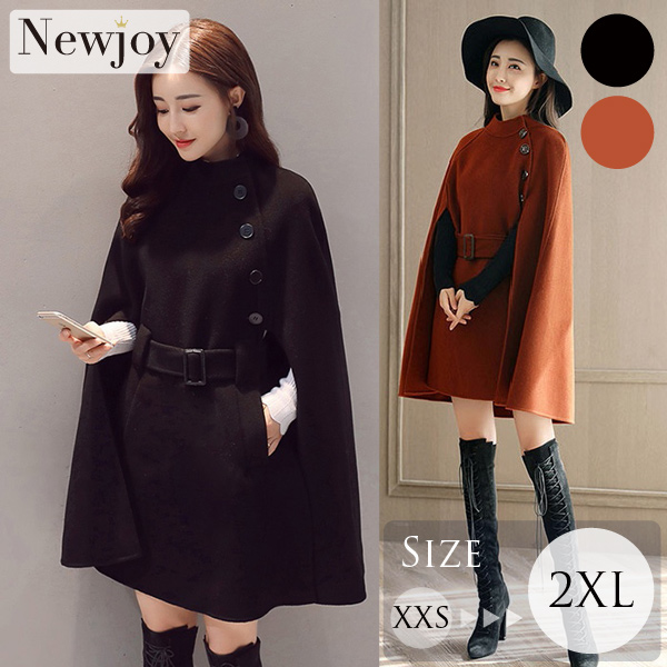 Newjoy / ケープコート 中綿入り ポンチョ風 ウエストベルト付き