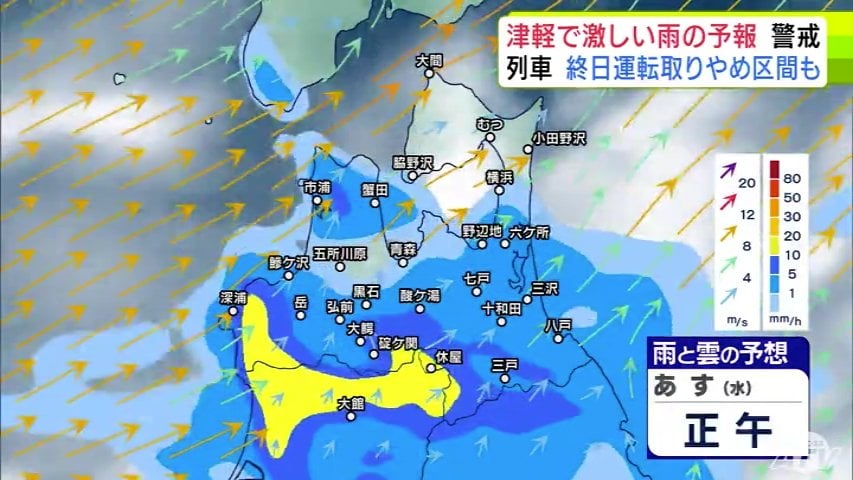 大雨情報】青森県「津軽」で大雨の見込み 20日までの24時間の予想降雨