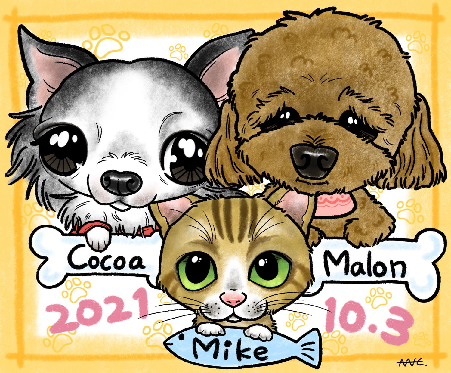 犬や猫の似顔絵もあります。オーダーメイドでペット一緒に似顔絵を