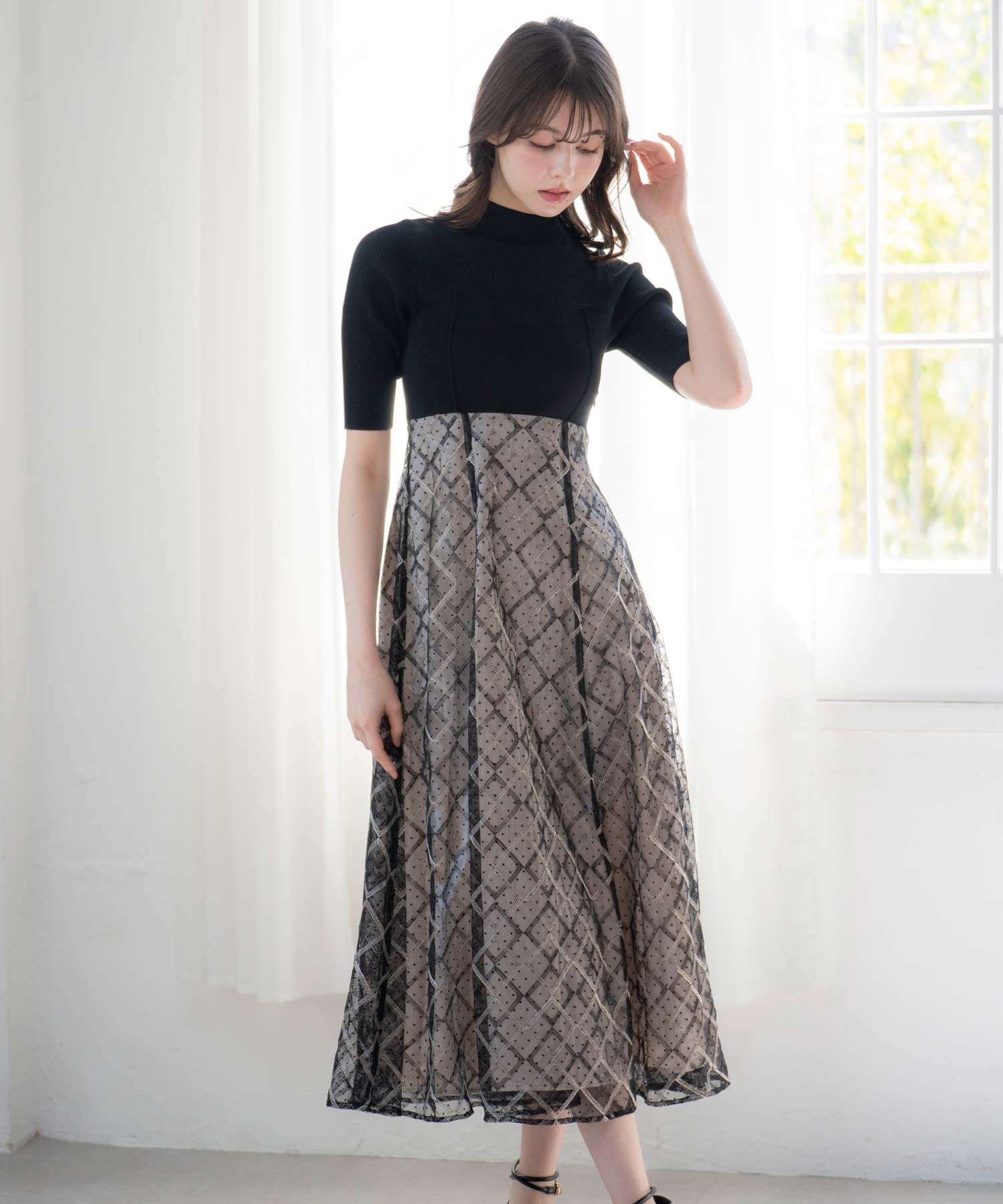 ラメチェックハーフスリーブドッキングニットワンピース | ニット