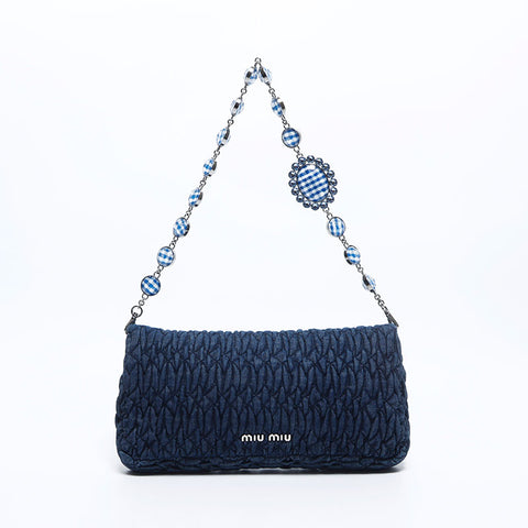 Miu Miu Crystal Matterasse Silver Metal Fittings Denim Check