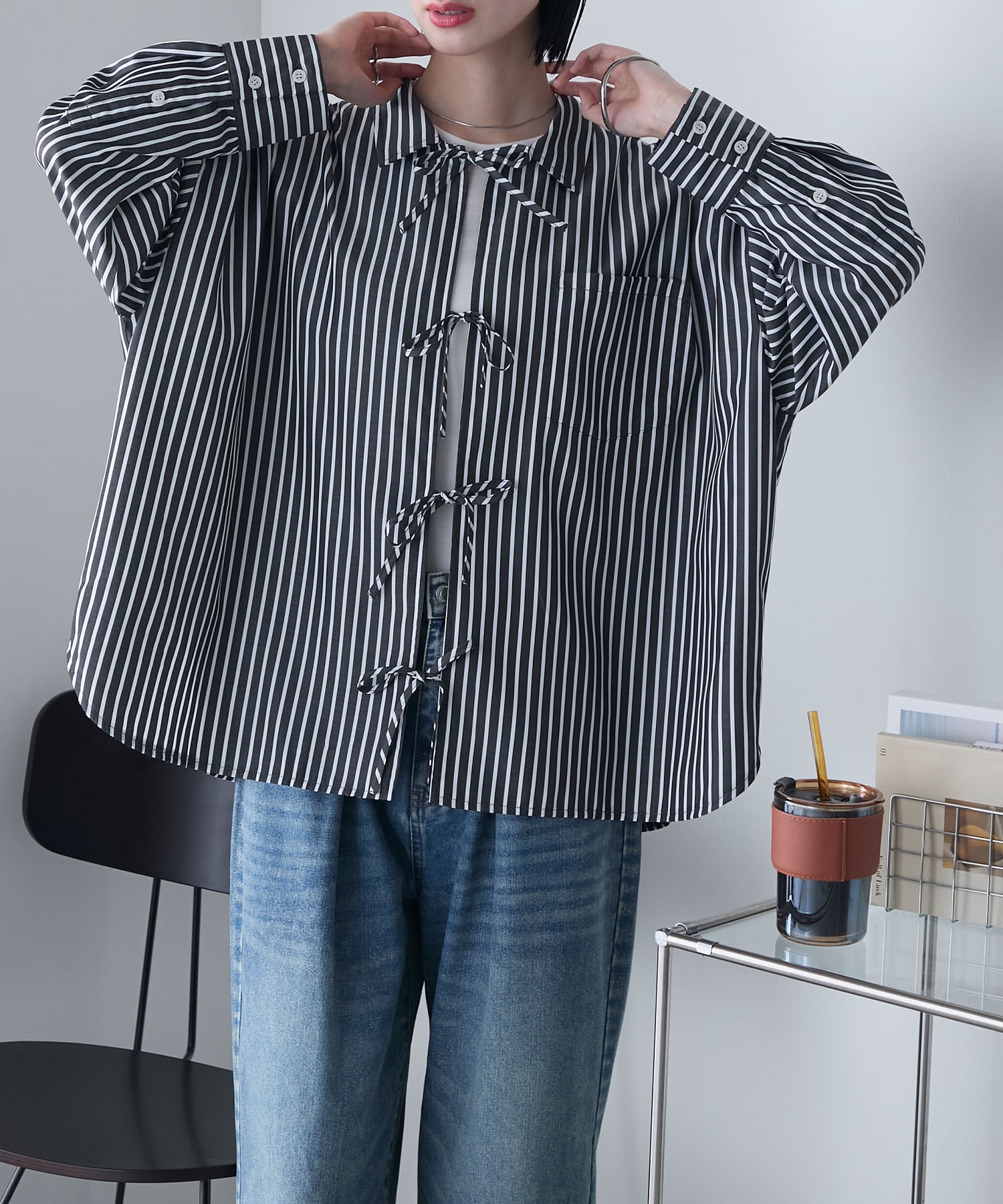 forksy.】【セットアップ対応】ストライプ フロントリボン オーバー