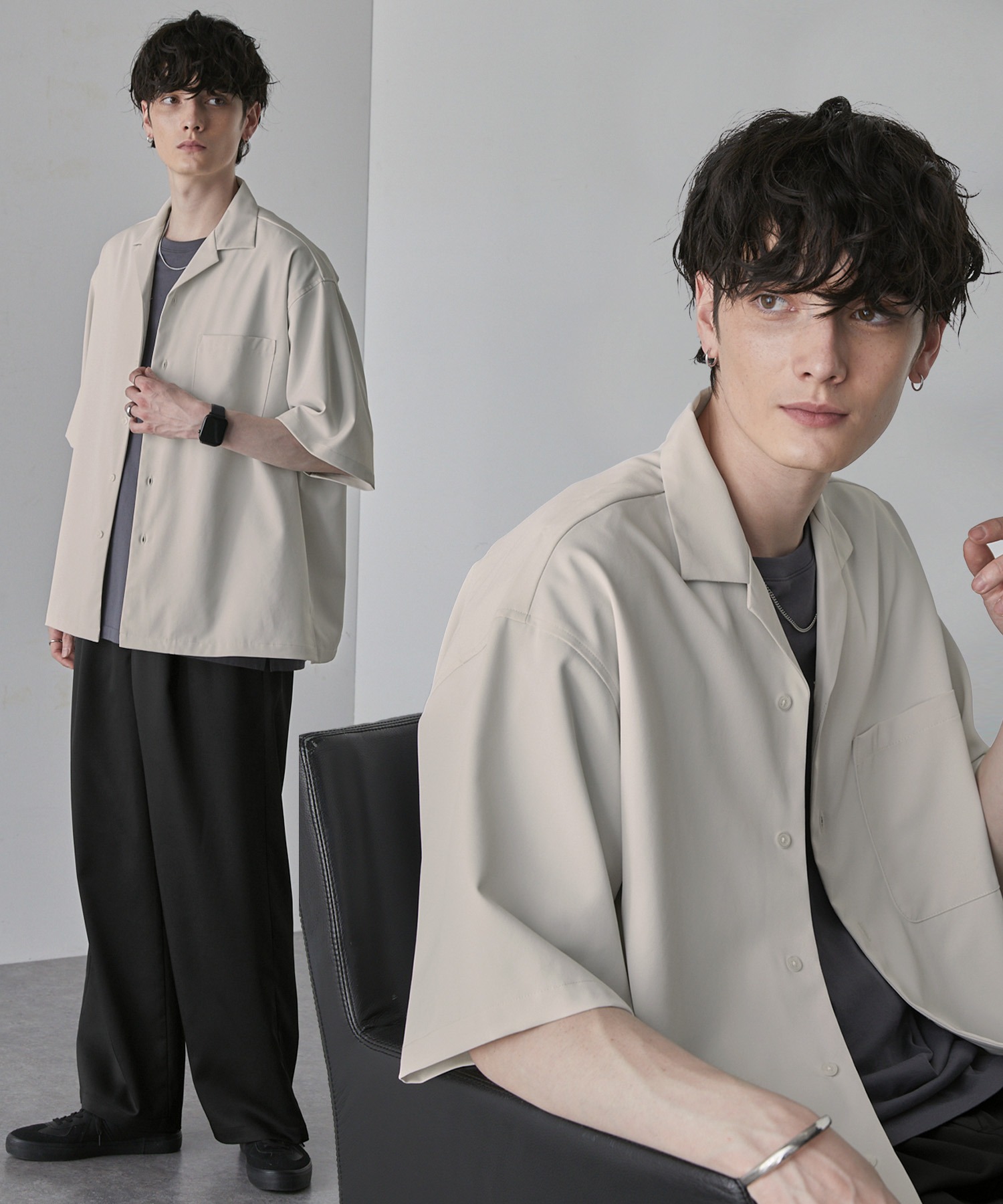 セットアップ】綾トロミ オーバーサイズ 半袖オープンカラーシャツ＋