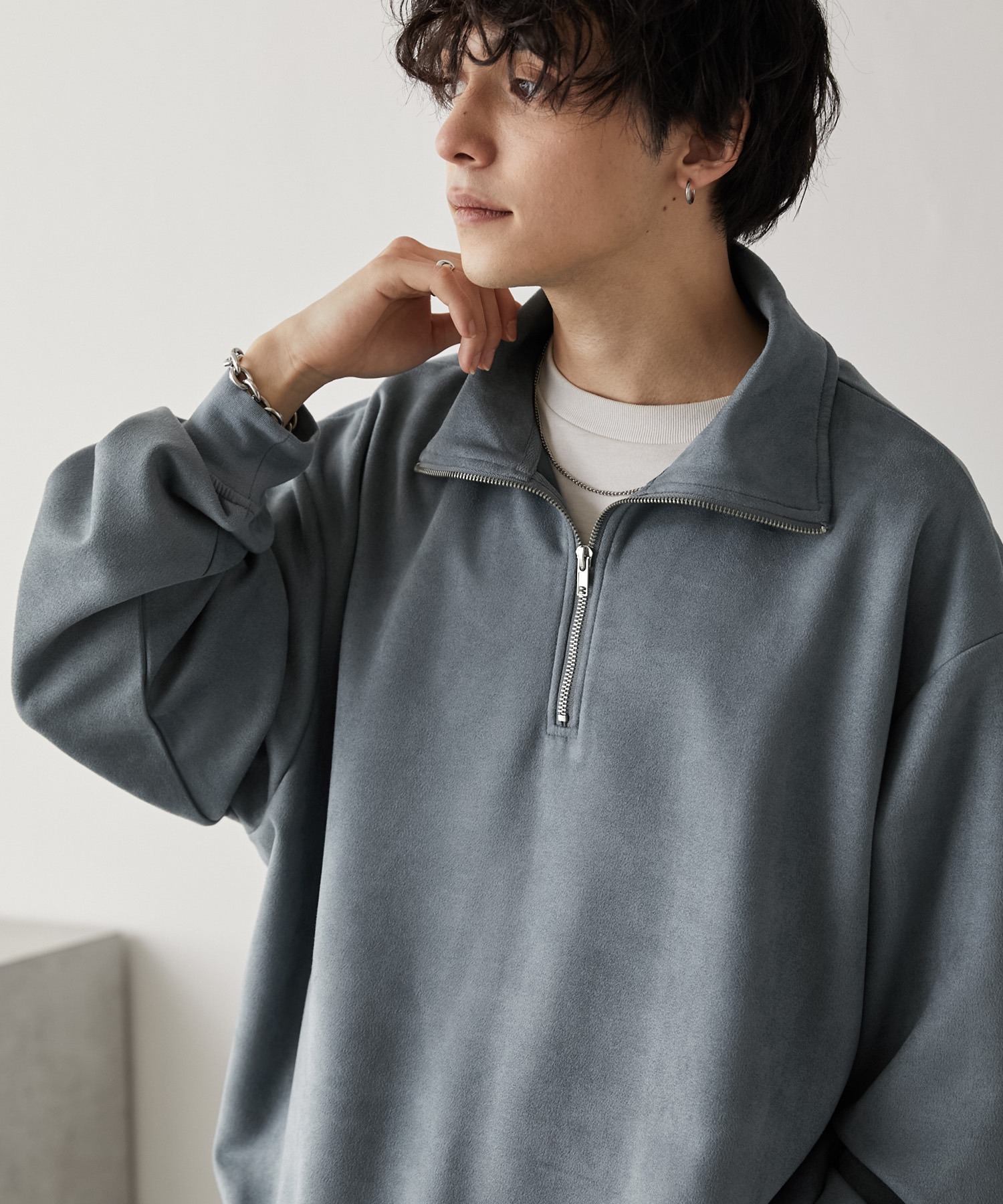 ハーフジップ ビッグカラー ルーズブラッシュドプルオーバー MONO-MART