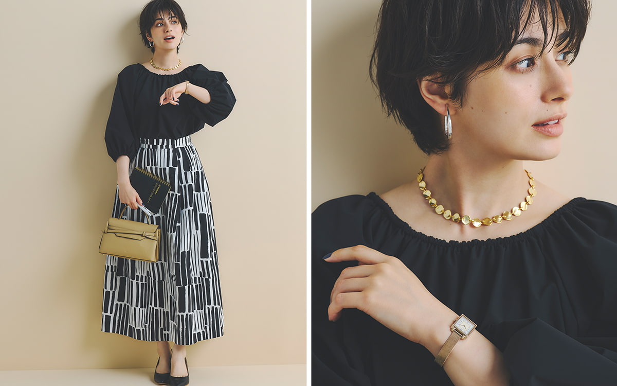 話題の新レストランへリサーチ。ギャザーブラウス×柄スカートの