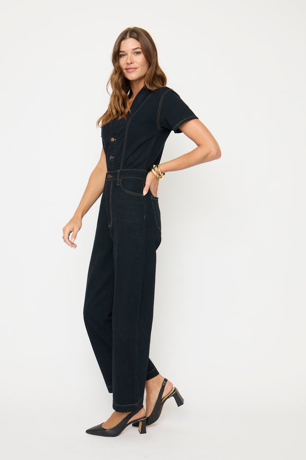 Ashby Coverall – Women's Black Denim Romper | Oliver Logan
