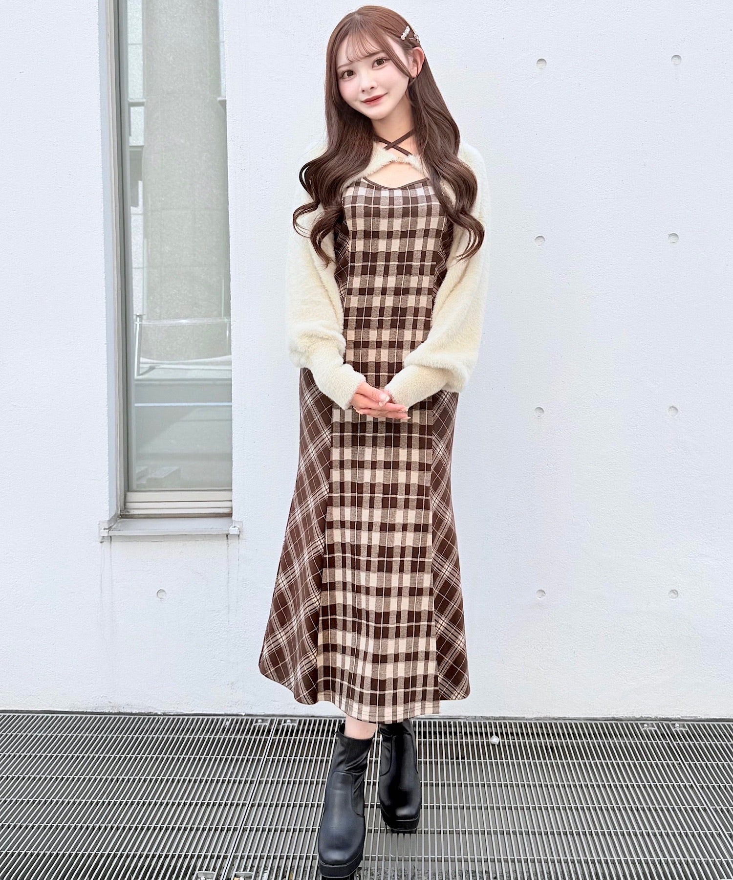 シャギーボレロロングチェックワンピース – PARK by one way（パーク