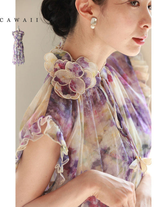 花飾りネックのロマンティックシフォンワンピース（紐ベルト・インナー