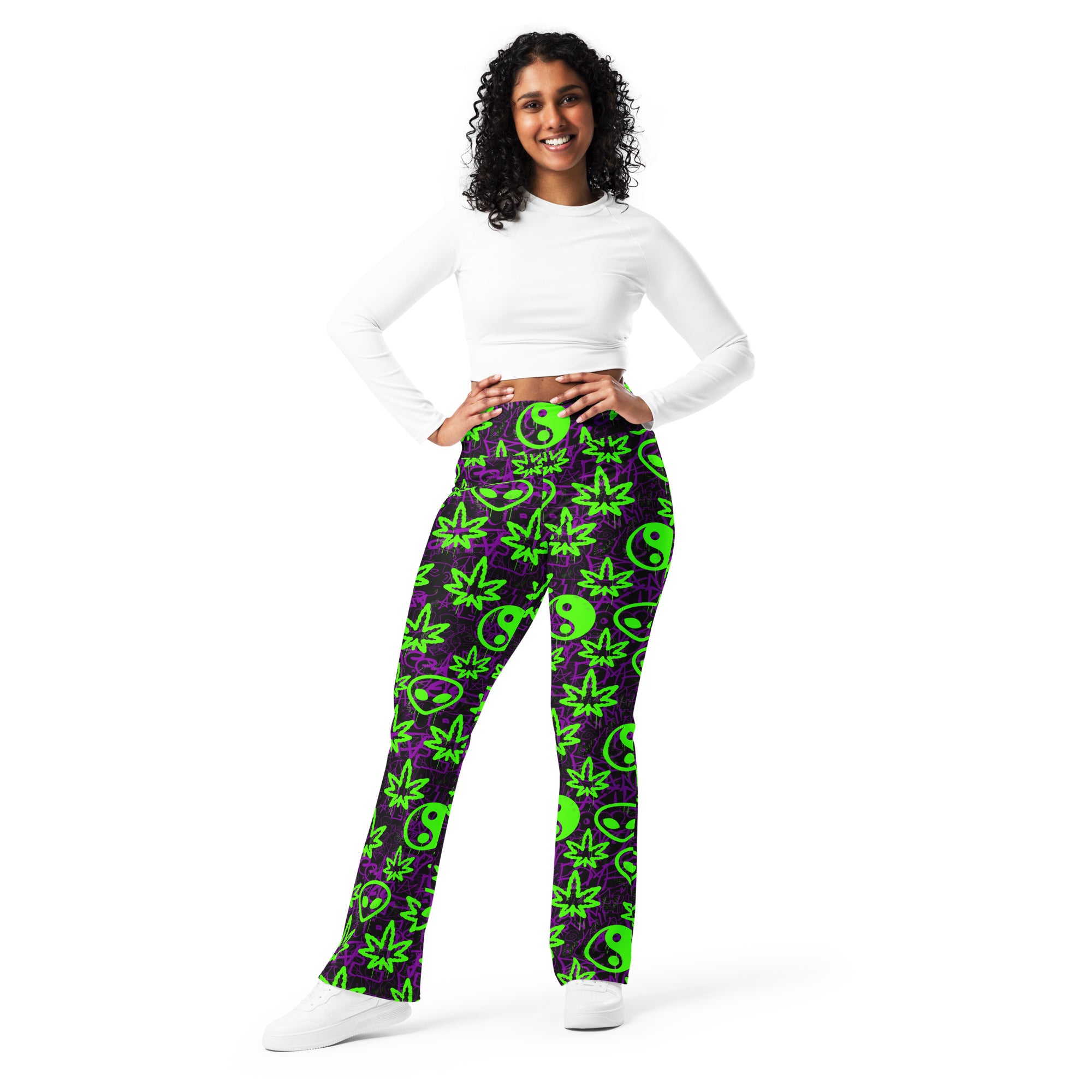 Ganja Graffiti Flare Leggings | Women's Festival Attire | 420 Rave