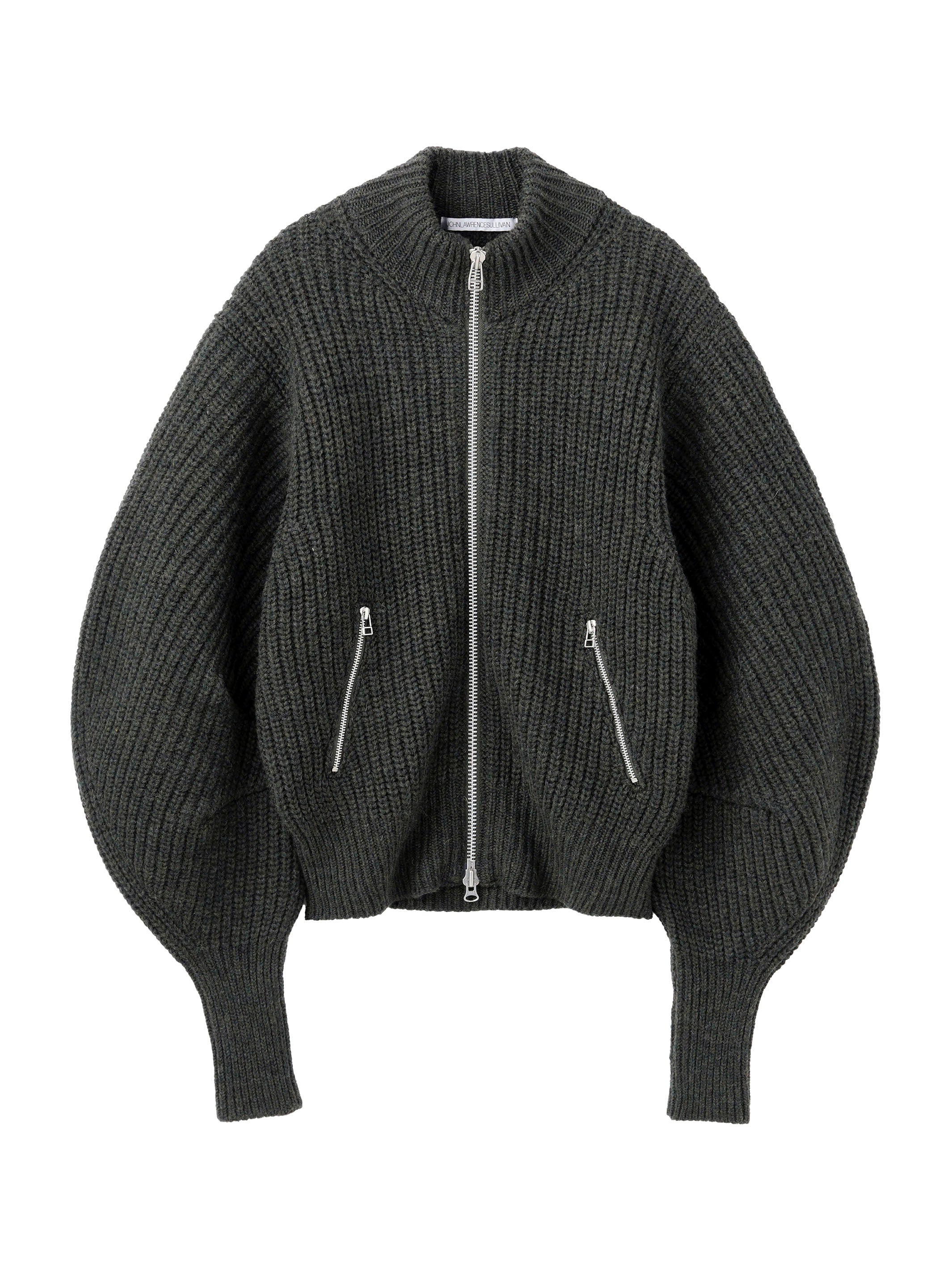 RIBBED MASSIVE ROUNDED SLEEVE ZIP-UP KNIT JACKET