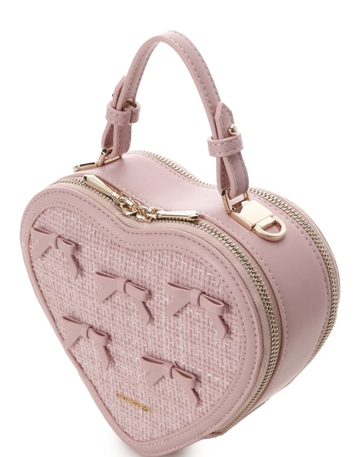 ツイードリボンハート型ショルダーバッグ【ピンク】(ピンク