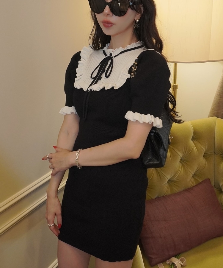 french ruffle ribbon onepiece(M BLACK/BEIGE): ワンピース｜PMbox