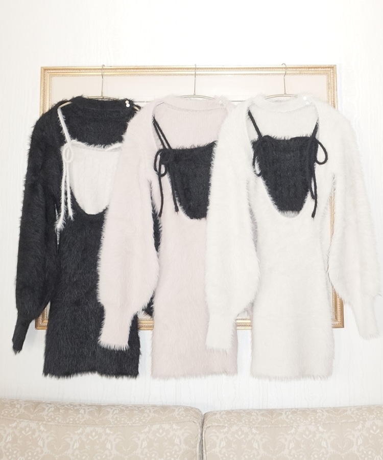 feather front cut onepiece×cable ribbon cami set(M PINK BEIGE