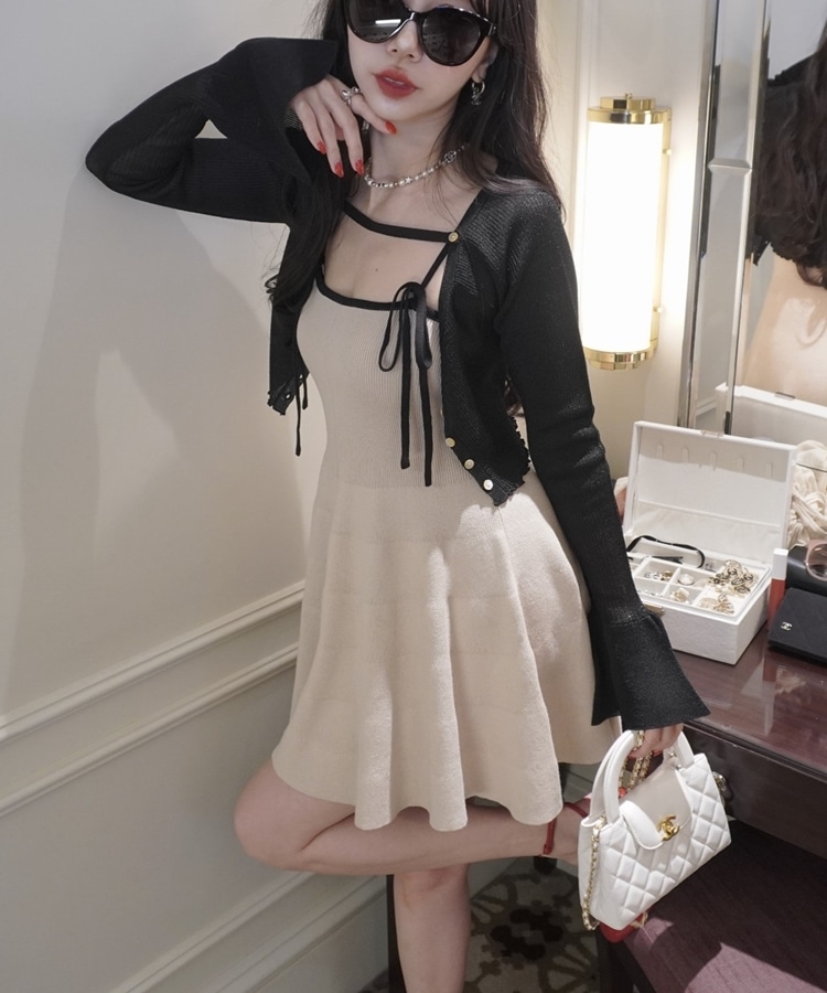 ribbon onepiece×flare sheer cardigan set(M BLACK): ワンピース