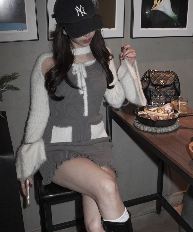 ribbon feather tops×rib onepiece set(M GREIGE): ワンピース｜PMbox