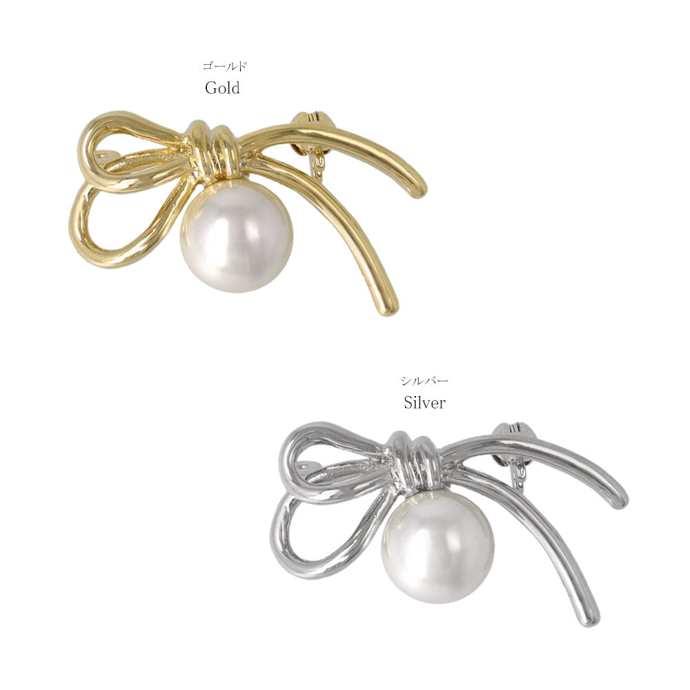 ブローチ ステンレス メタル ノット リボン パール ピンタイプ