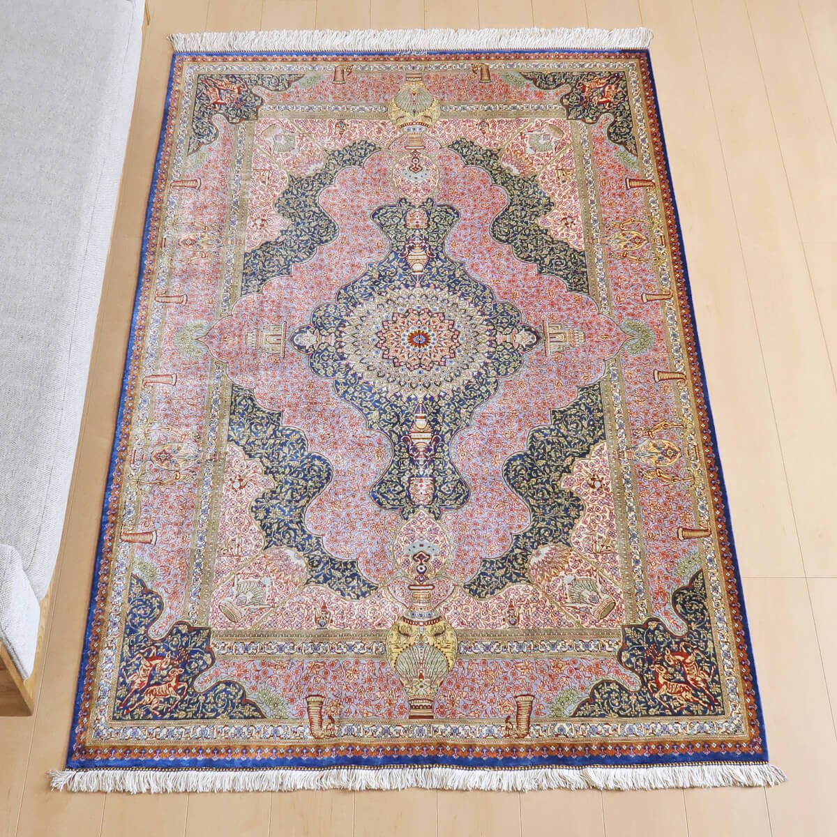 高級ペルシャ絨毯クム、シルク100％ ジャムシーディ 200×131cm（FL