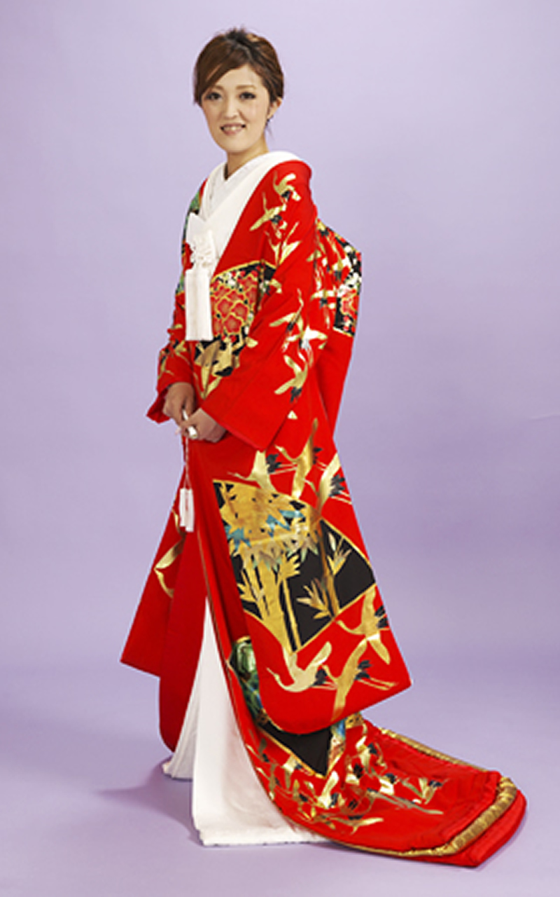 本手描き友禅色打掛レンタル ちりめん赤地 落款入り / オリフリ