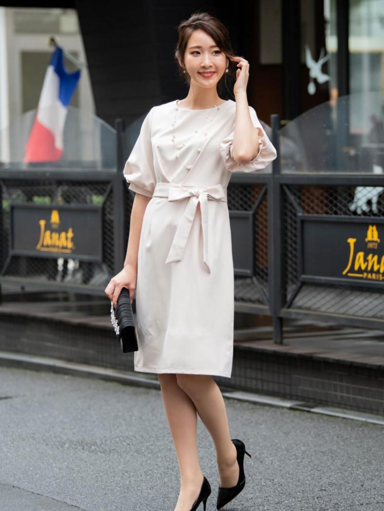 バルーンスリーブワンピース(ホワイト)T1-361WH-M | OTONA DRESS
