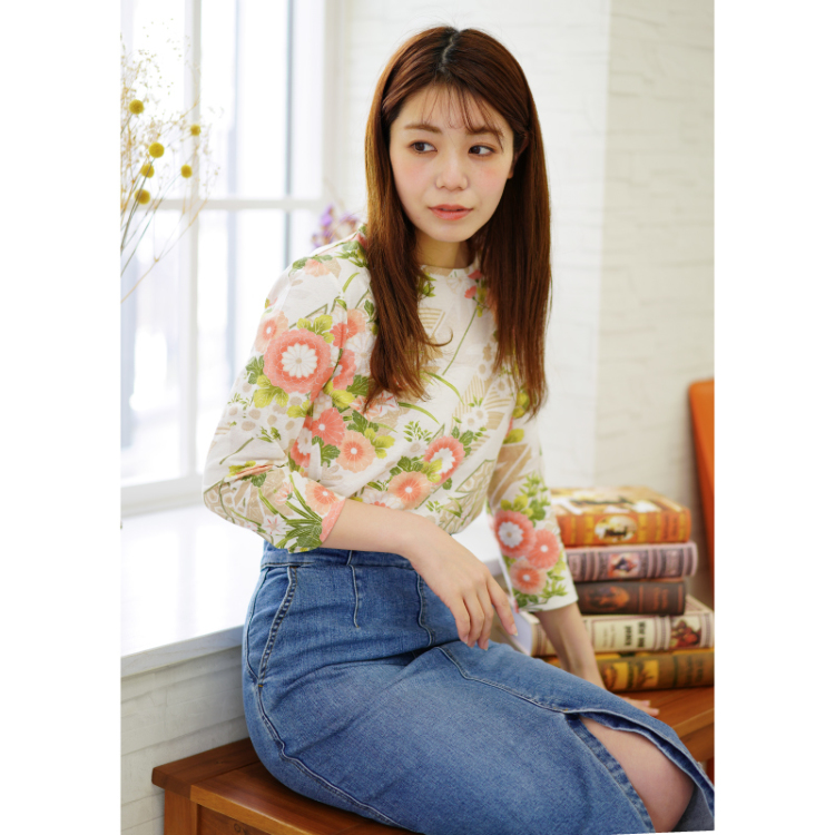 花柄 七分袖カットソー ＜矢羽根/白桃＞ | 京友禅アロハシャツ【Pagong