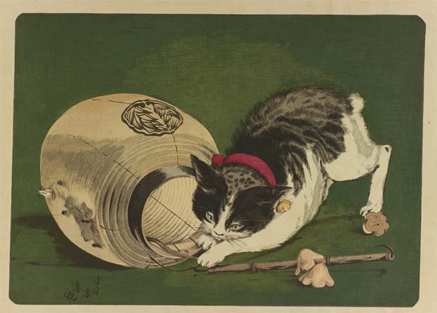 小原古邨の「猫と提灯」。実はそれよりも前に描かれた小林清親の「猫と