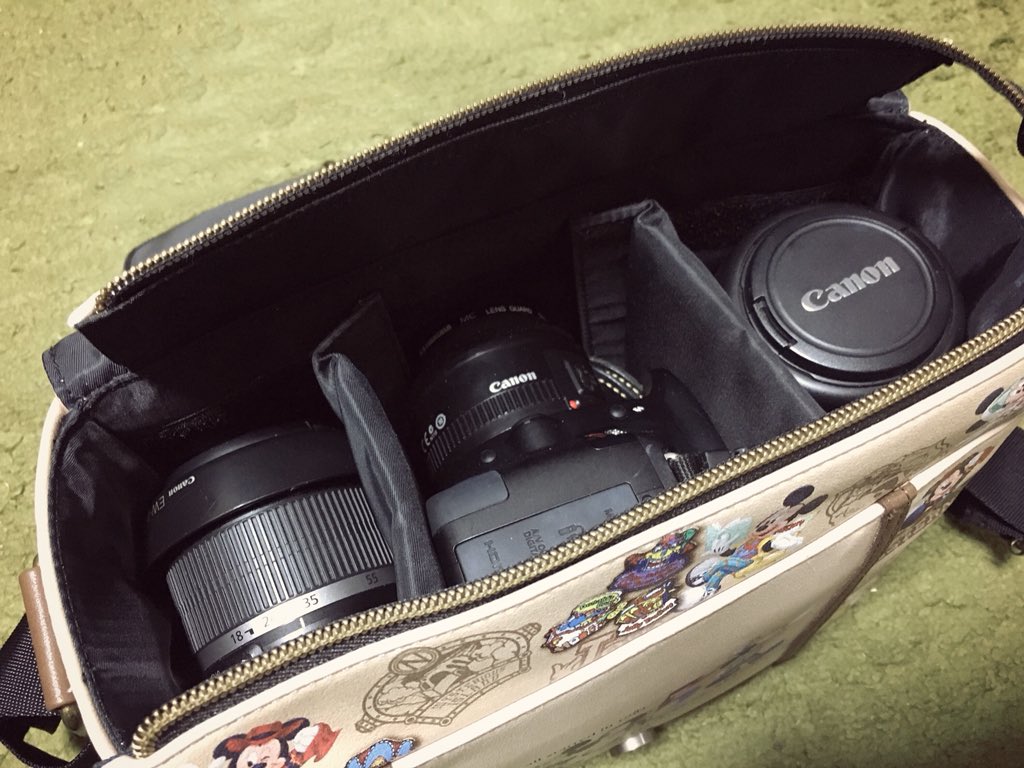 ディズニーの35周年のグッズのカメラバッグ……！ カメラ本体に単焦点