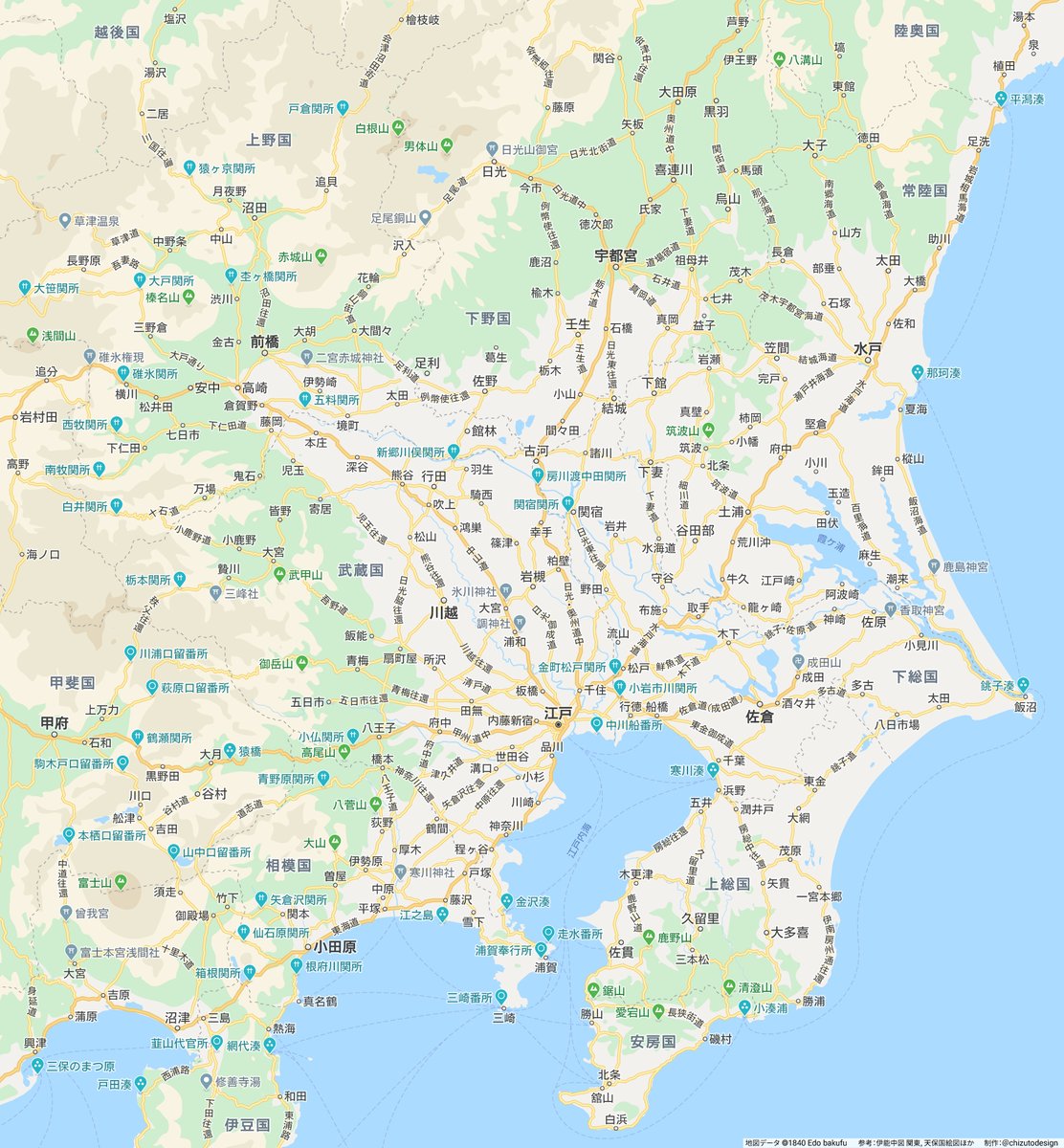江戸時代（1840年頃）の関東周辺のGoogleマップ風地図が完成しました
