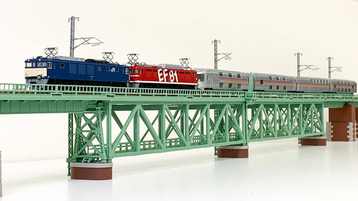 上路式鉄橋セット(緑)｡淡緑色の上路式単線トラス鉄橋と上路式ガーダー