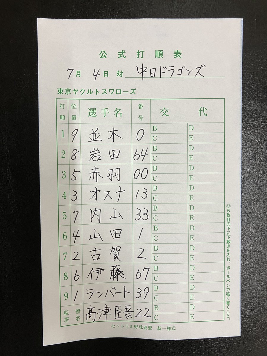 7月4日(金) vs.中日ドラゴンズ スワローズ本日のスタメン #swallows
