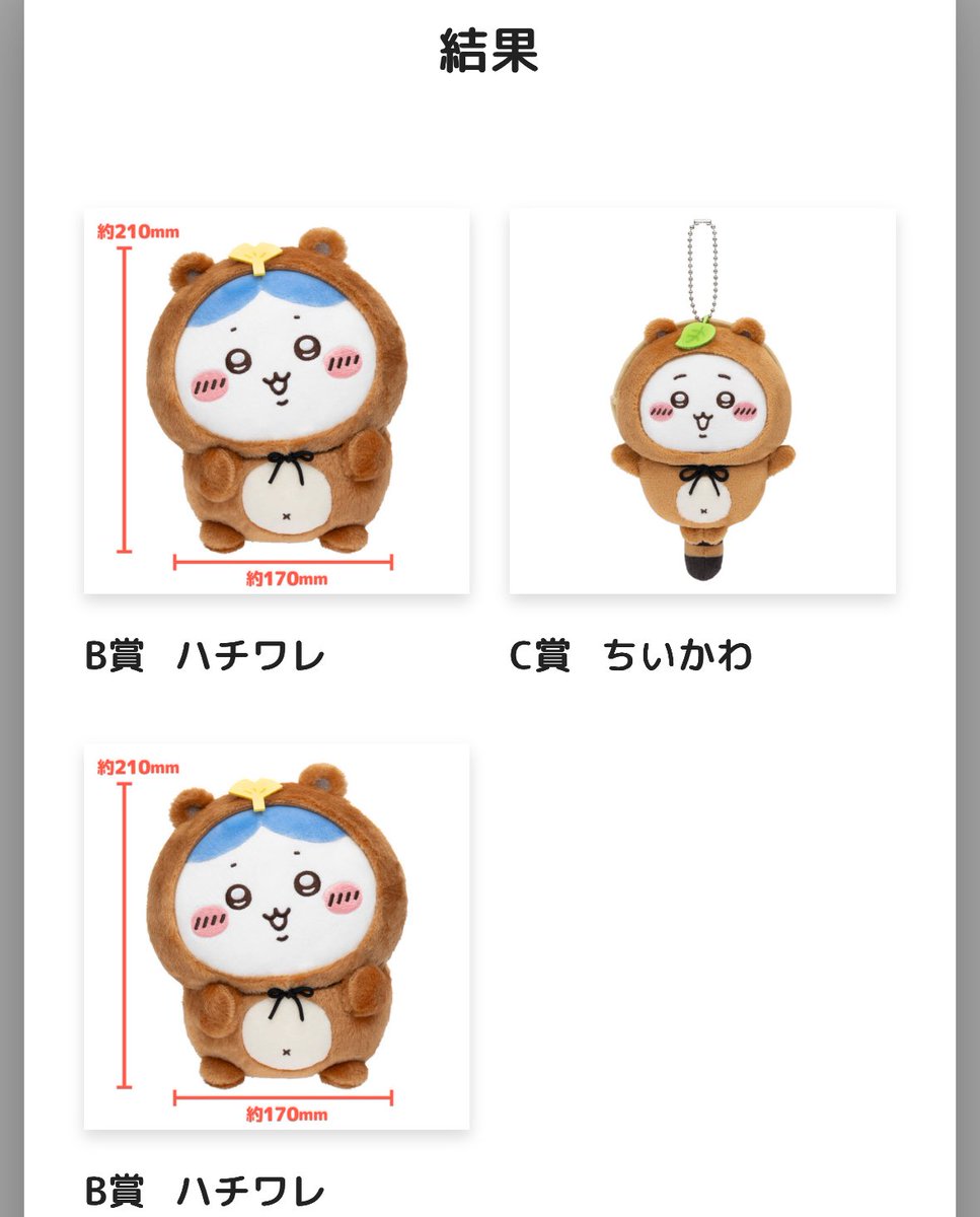 ちいかわのたぬきだもんくじ3回だけひいたら、B賞ハチワレ2体かぶったw🥹