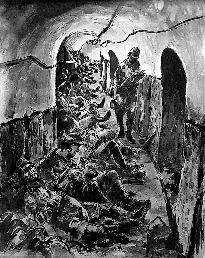 壕内の絵。こちらは沖縄県出身の漫画家で「シュガーローフの戦い」や