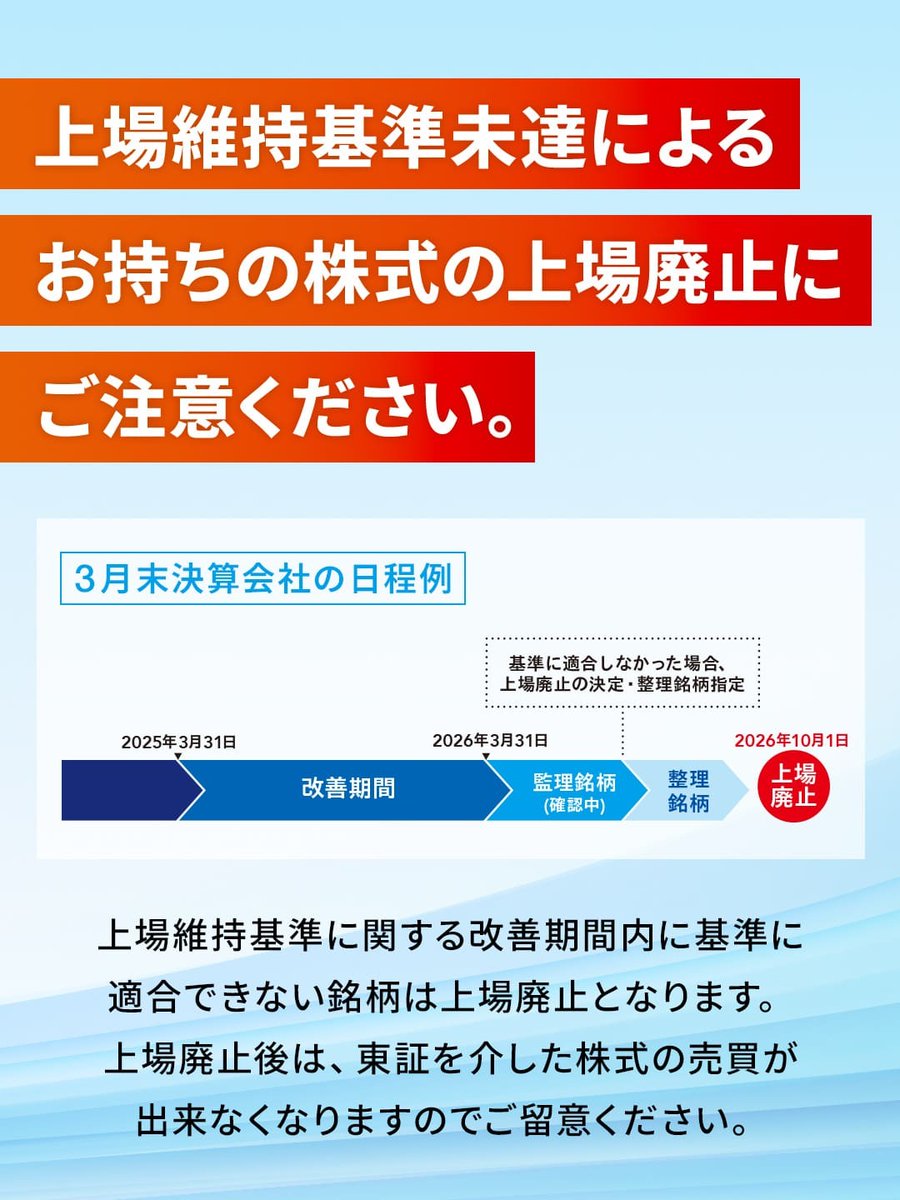 上場維持基準未達によるお持ちの株式の上場廃止にご注意ください