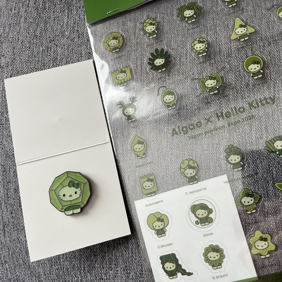 日本館の藻キティグッズに、ランダム32種のピンバッジとアクキー？が