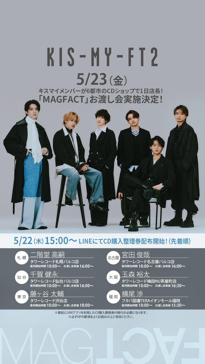 AL「MAGFACT」発売記念🎉 キスマイ6人が 6都市のCDショップで1日店長