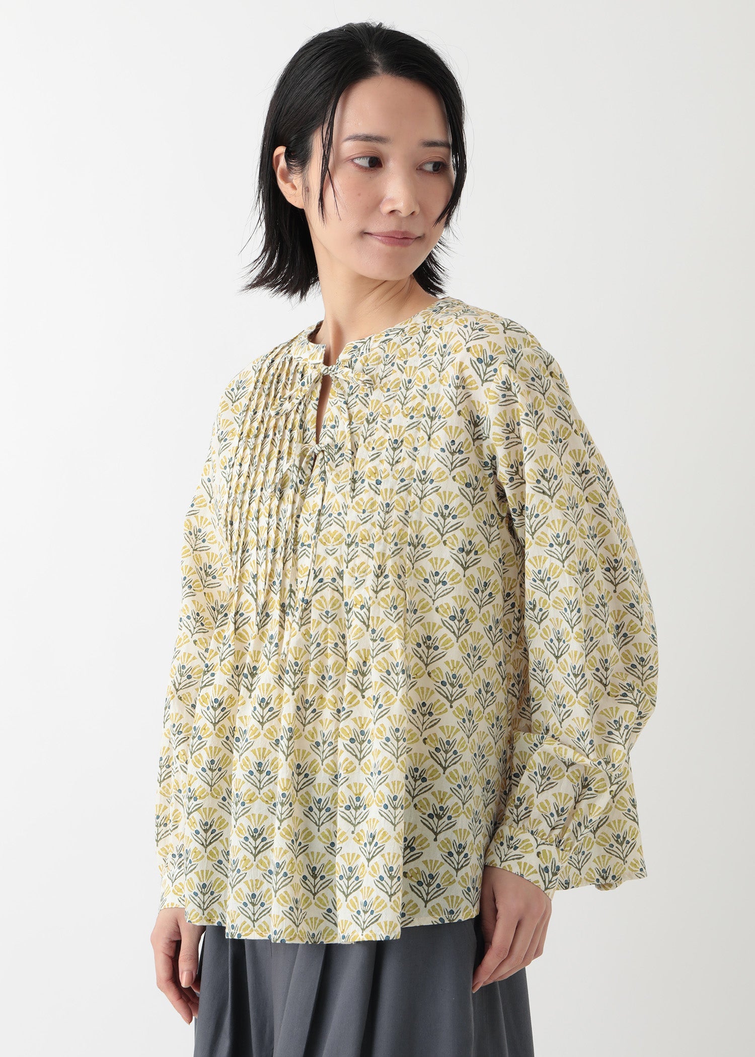 コットンブロックプリントブラウス フラワー柄