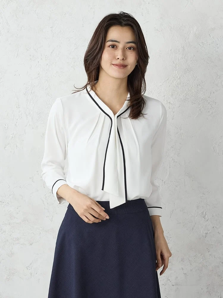 ベージュ 配色マリン ボウタイブラウス ホワイト/ベージュ/グリーン